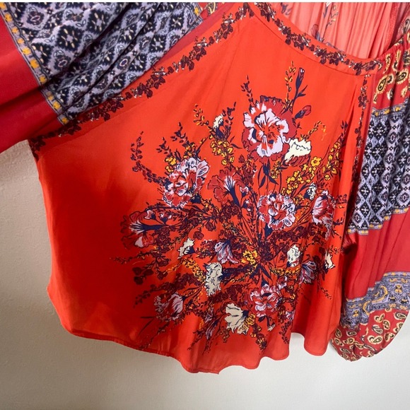 Free People Orange Floral Boho Peasant Blouse Top Long Sleeve Square Neck - Picture 7 of 9